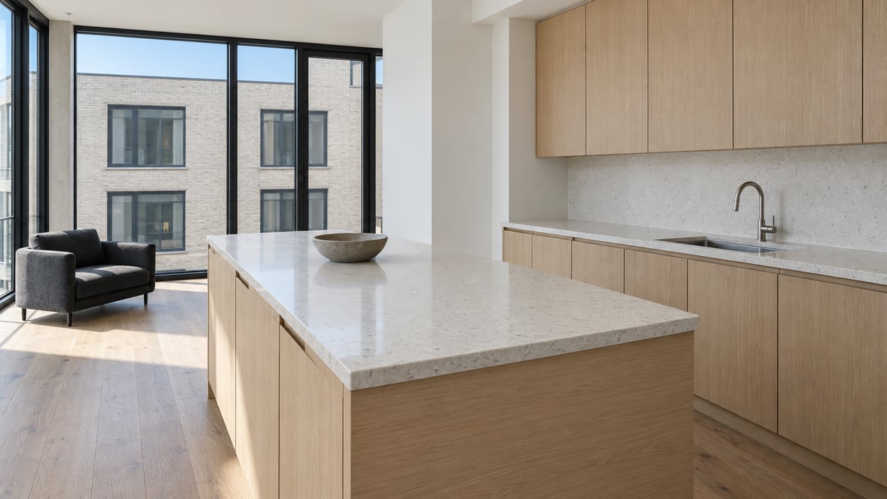 Honed ivory quartz kitchen island and pale oak cabinetry in a sunlit condominium, with a charcoal chair and black-framed windows overlooking a nearby masonry facade.