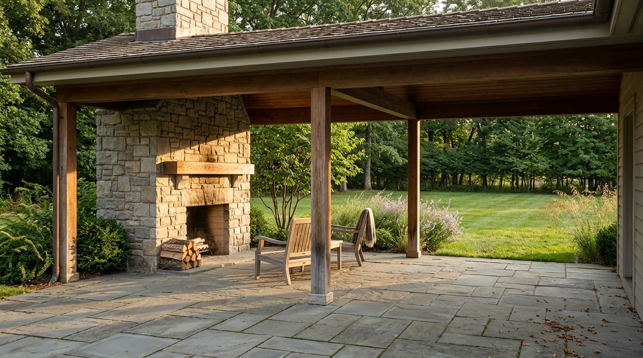 Covered stone patio with fieldstone fireplace, oak mantel, teak chairs, and lawn bordered by trees.