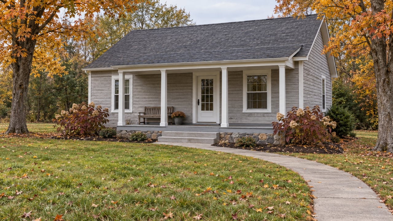 Gray gabled cottage with a covered porch, broad front lawn, amber maple trees, and a curved concrete walkway in autumn daylight.