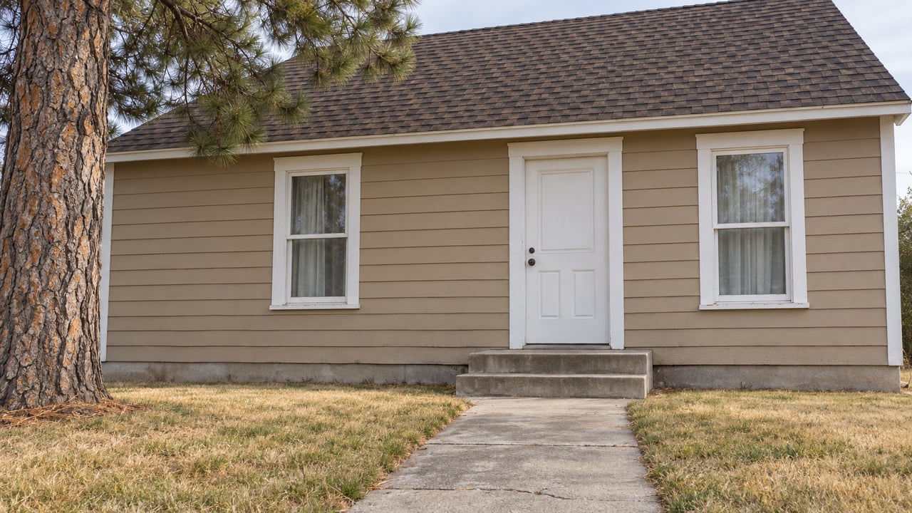 Tan house with white trim and a concrete walkway leading to the front door.