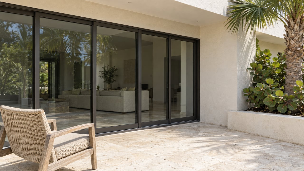 Sunlit cream stucco home with dark-framed terrace doors, shell limestone paving, a teak lounge chair and sculptural coastal planting.