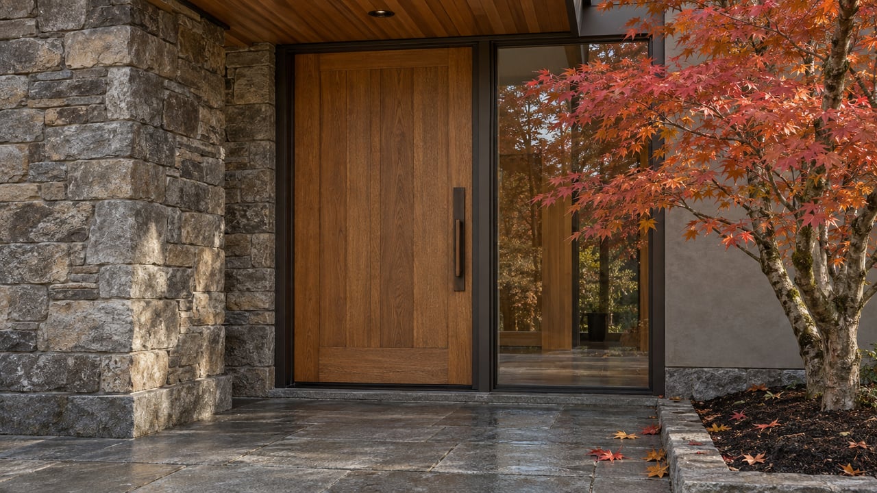 Autumn maple leaves beside a sheltered wood entry door, fitted stone pier and weathered stone terrace.
