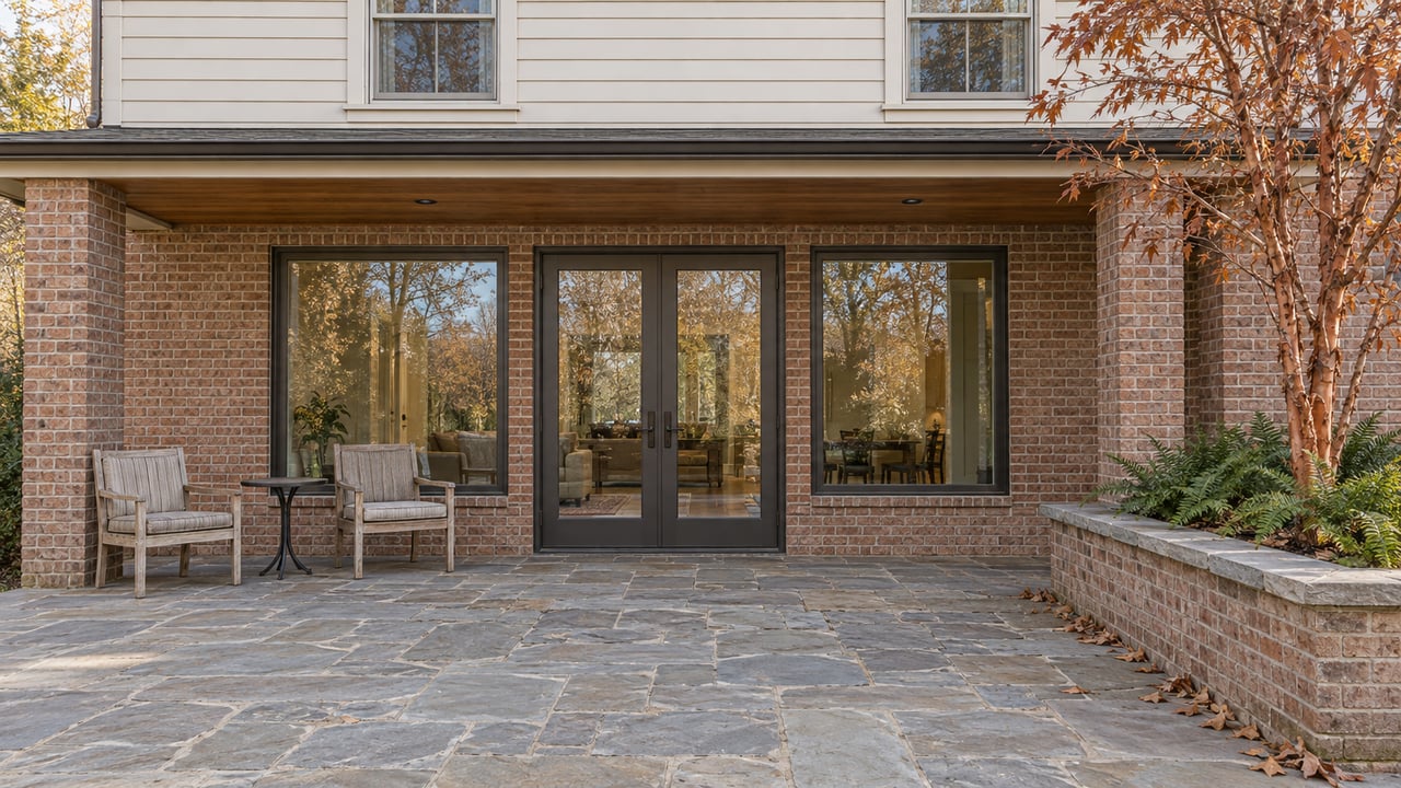 Brick-and-siding home's sandstone terrace with teak chairs, closed glass doors and a copper-barked maple in a raised brick planter.