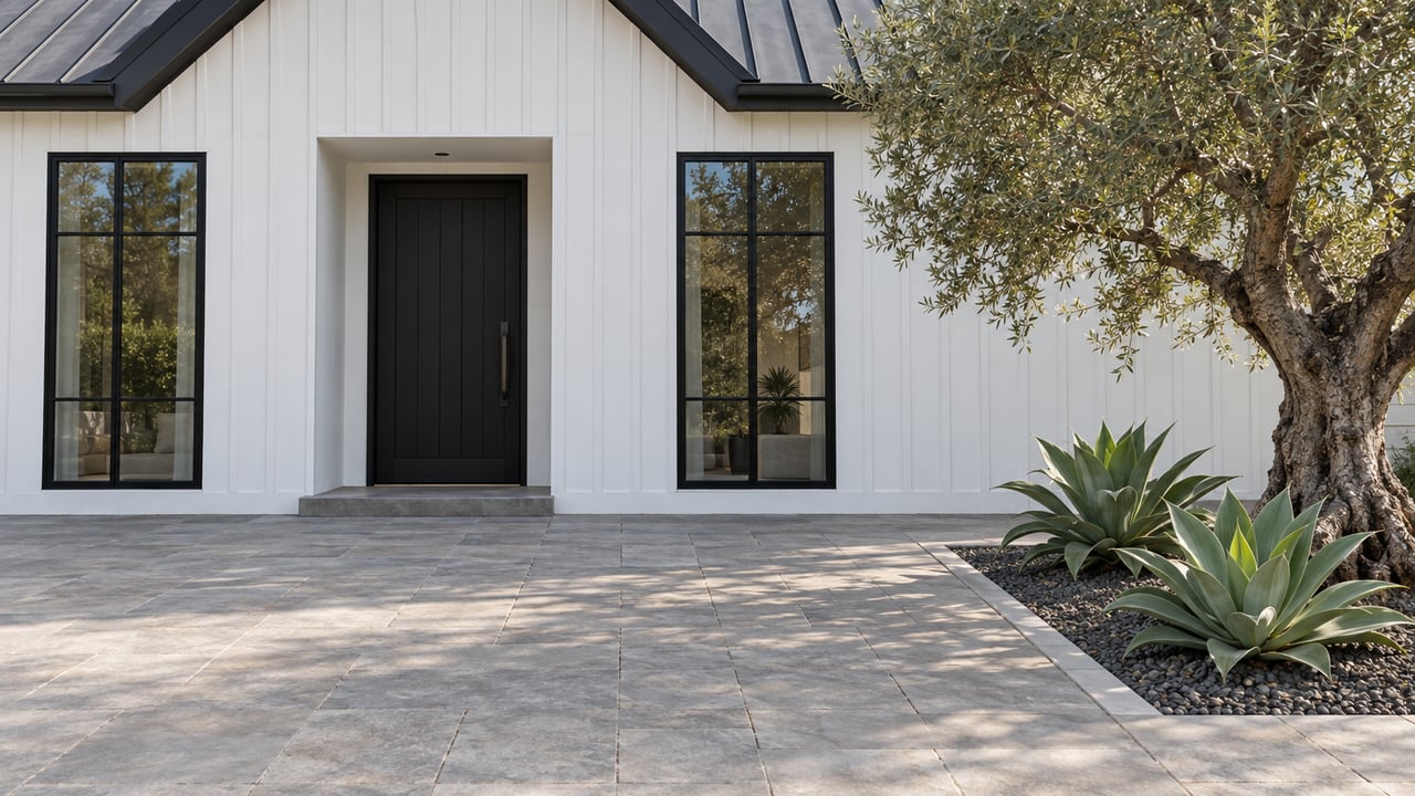 White gabled house with a black entry door, gray-paver forecourt, and olive tree beside agaves.