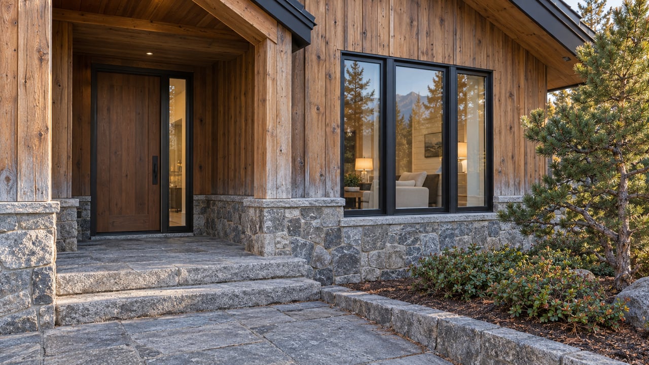 Mountain home entrance with timber siding, stone steps, and large windows reflecting pine trees.