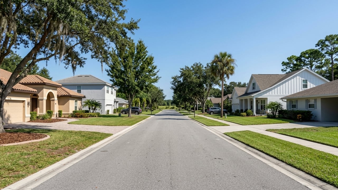 Quiet residential street with detached homes, sidewalks, lawns, and mature trees.