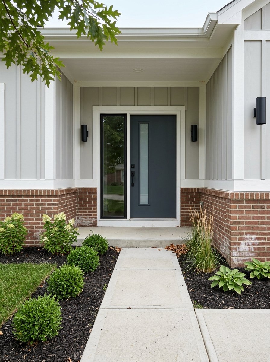 Brick-and-siding entry with black door hardware, a concrete step, and shrubs beside the walk.
