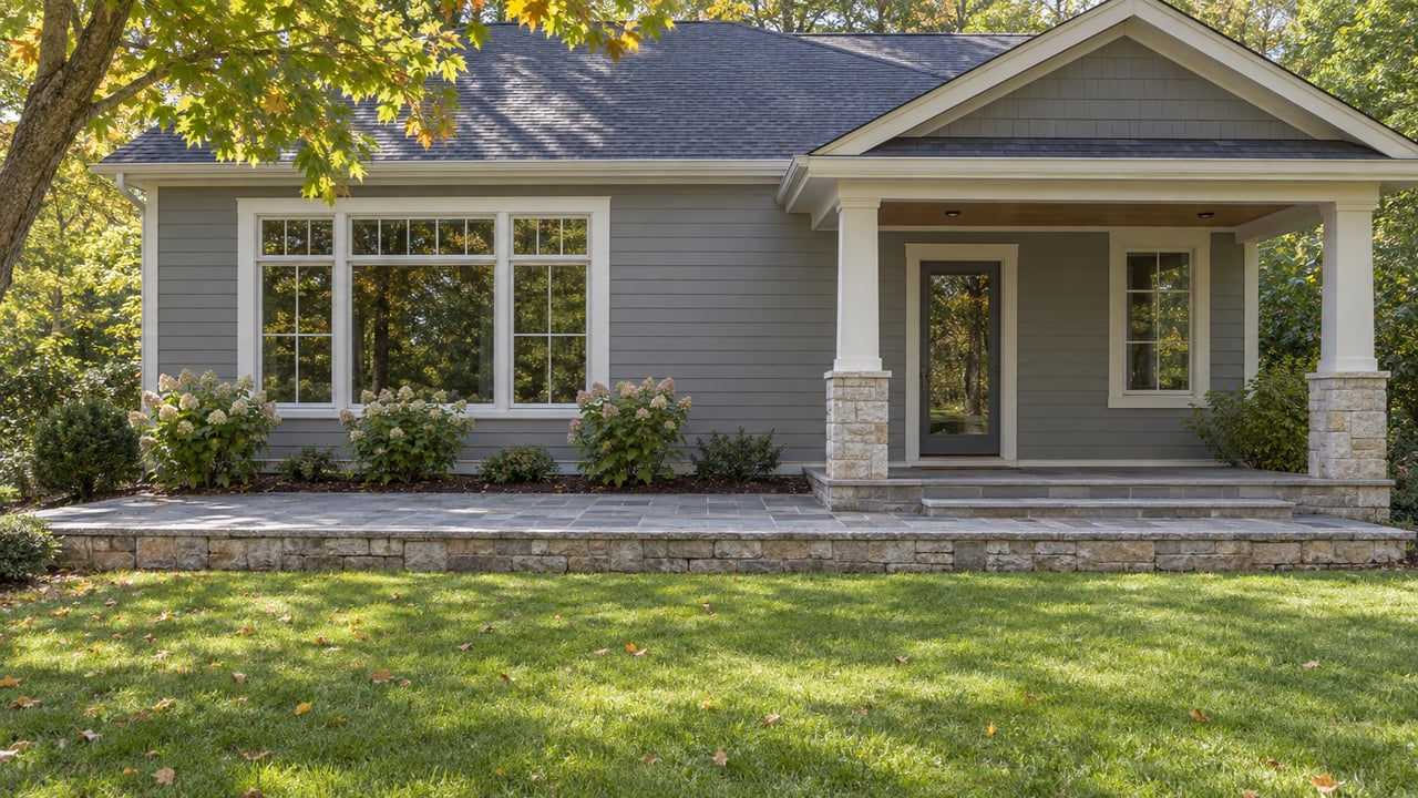 Gray Craftsman home with a covered porch, limestone terrace, broad lawn, and maple canopy.