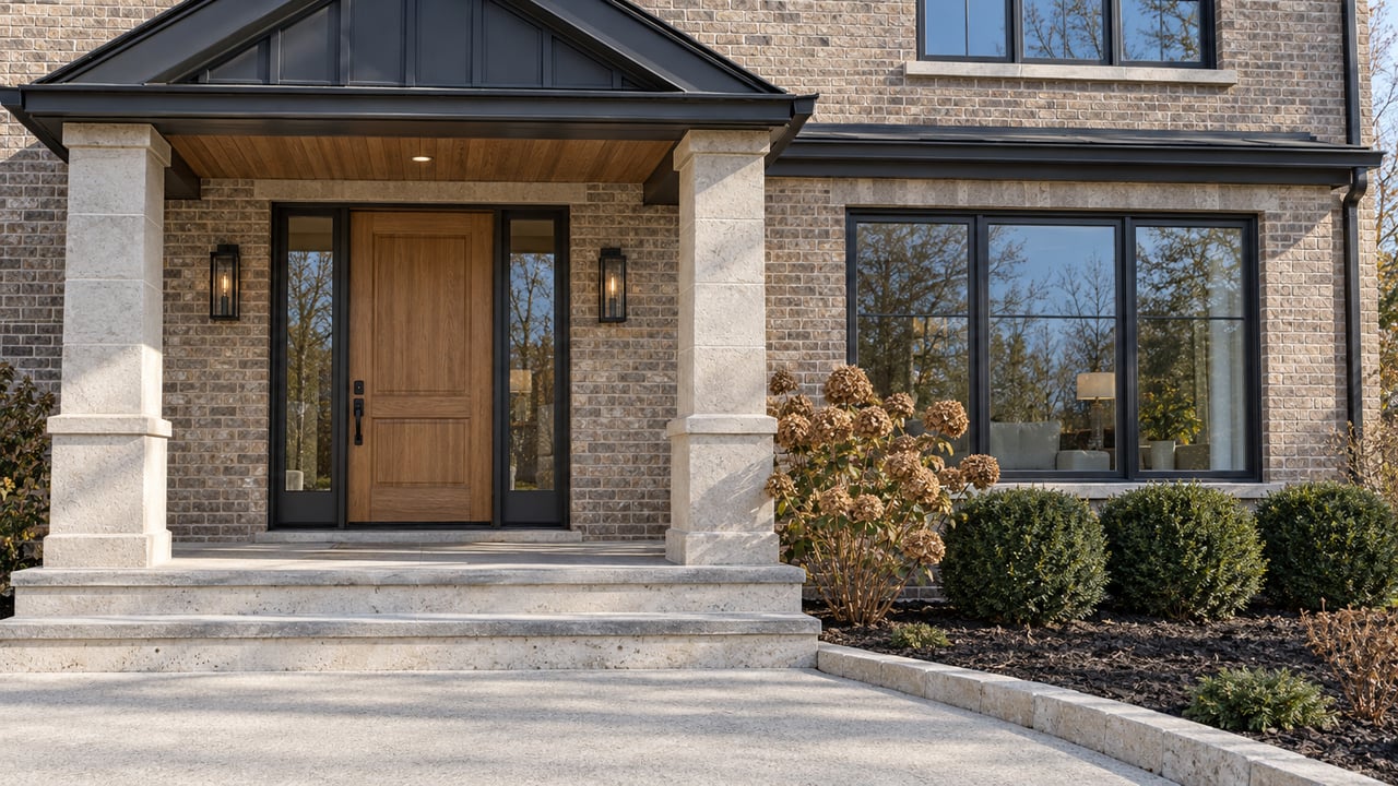 Gabled brick home entrance with an oak door, limestone steps, black-framed windows, and winter hydrangea beside the porch.