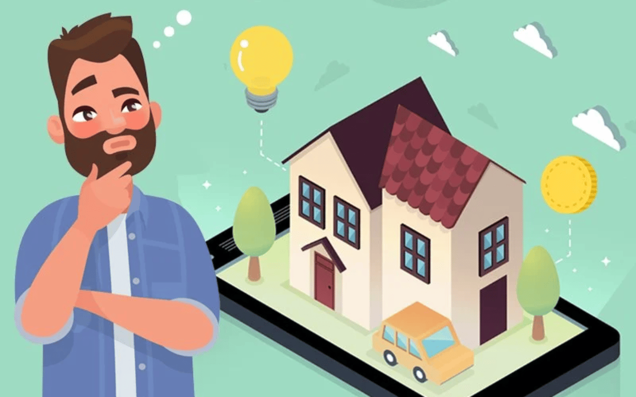 A thoughtful man considers a house on a smartphone, with a light bulb and coin nearby.