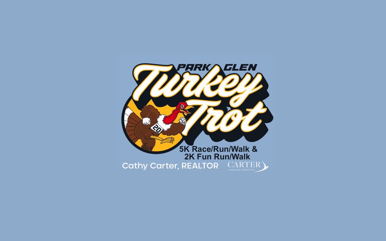 Image of a red head turkey running, with the number 20, and words Park Glen Turkey Trot sponsored by Carter Carter, Realtor and Carter Signature Properties Your North Fort Worth Realtor.