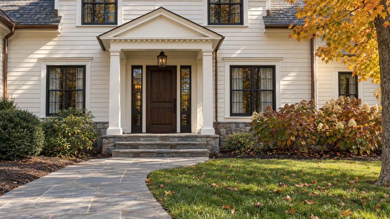Autumn sunlight across an ivory clapboard home with black-framed windows, a dark wood entry, bluestone steps and oakleaf hydrangeas.