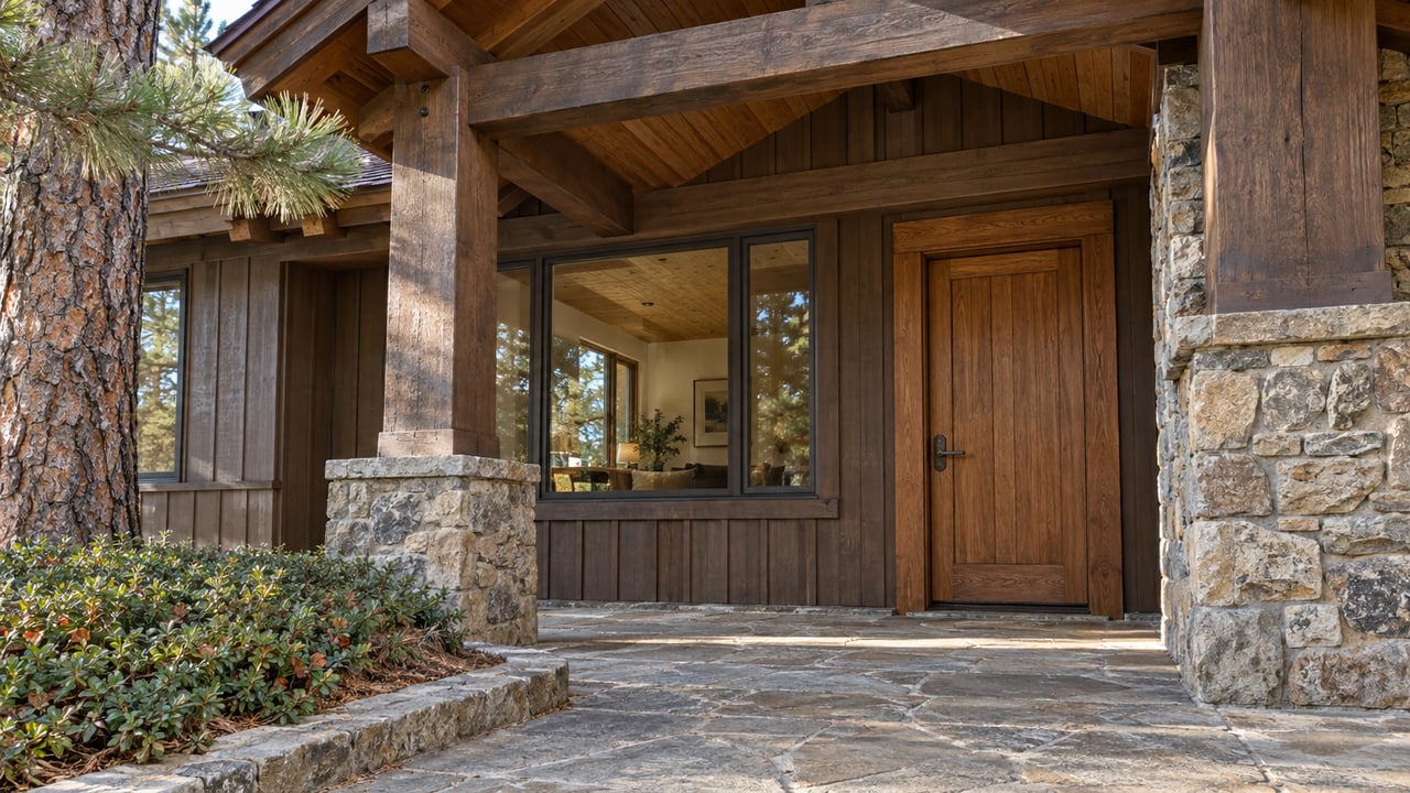 Sunlit timber-and-stone home entry with a closed wood door, broad window, and pine beside a flagstone approach.