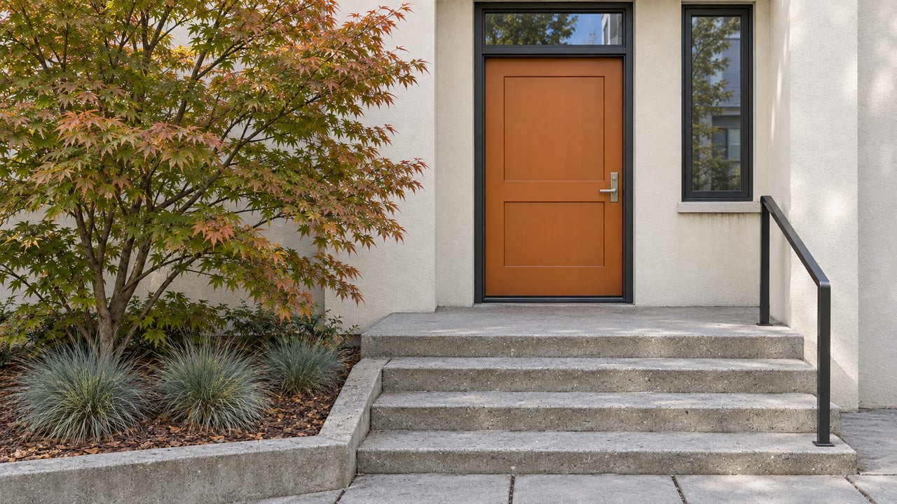 Burnt-orange townhouse door above four weathered concrete steps, with ivory stucco and a Japanese maple beside the approach.