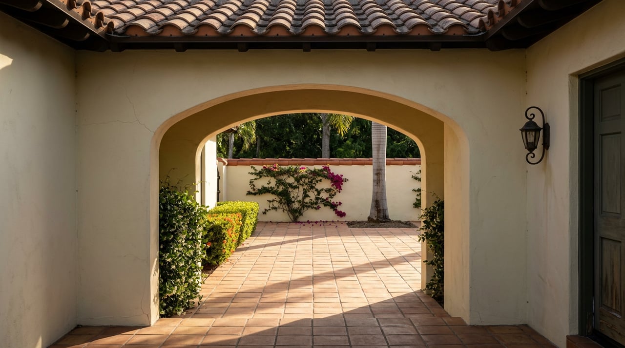 A stucco arch frames a terracotta courtyard, with a palm and bougainvillea beyond.