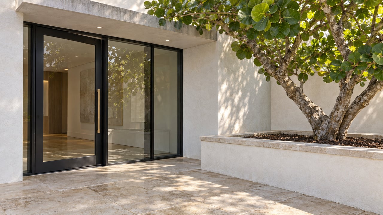 Sunlit pale-stucco residential entrance with black-framed glass, limestone paving and a sea-grape tree in a raised planter.