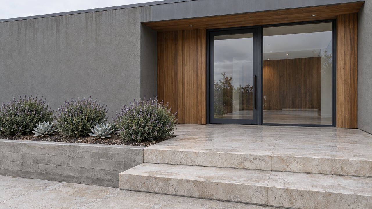 Hillside home entry with a closed glazed door, cedar recess, limestone steps, and succulents in a contained bed.