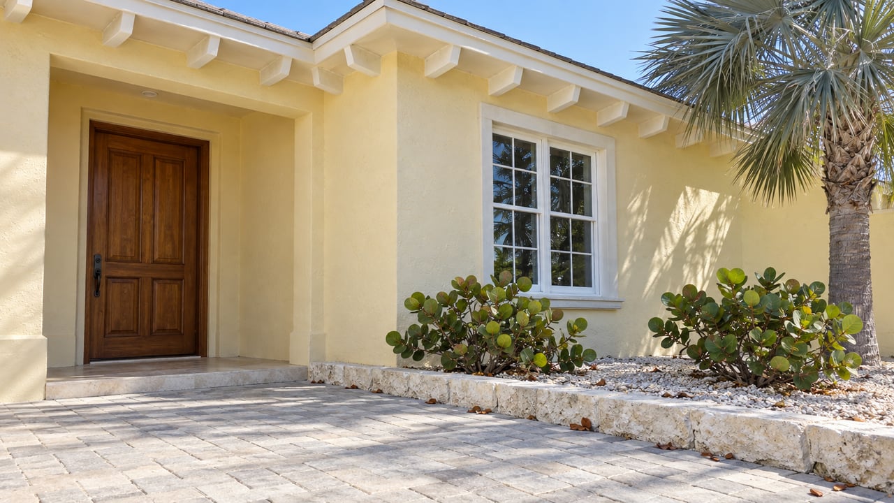 Pale yellow coastal home with a recessed timber door, gridded window, and palm beside its paver approach.