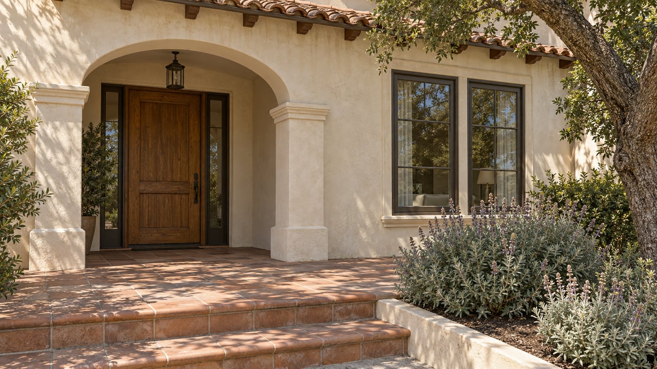 Cream stucco home with a shaded arched oak entry, weathered terracotta paving, paired bronze casement windows and a mature oak.