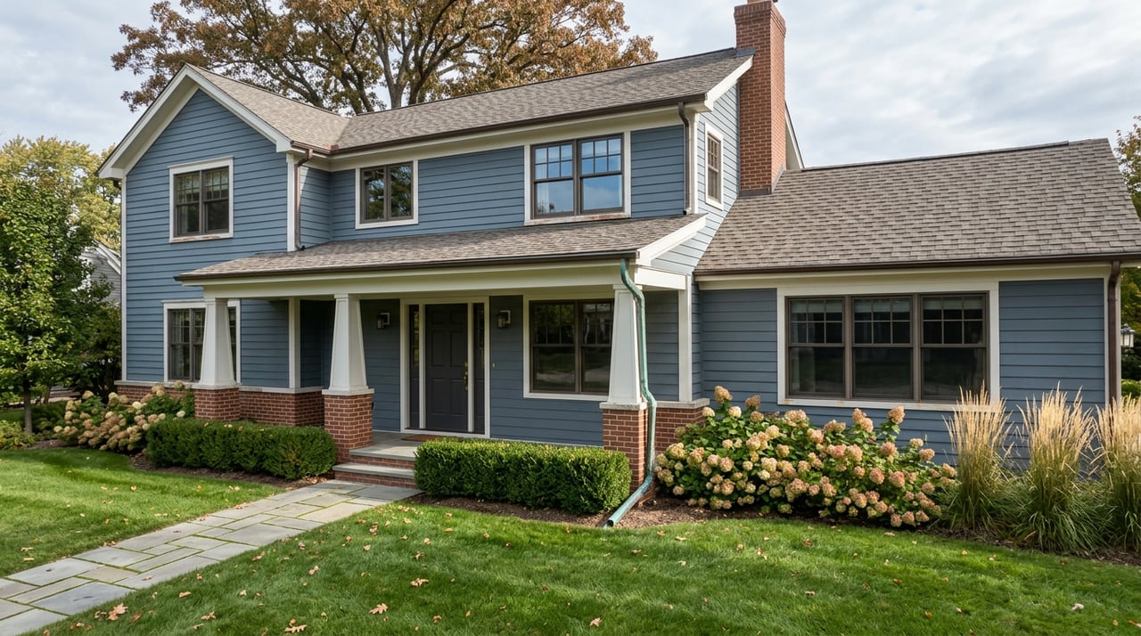 Two-story slate-blue home with brick porch piers, a mature oak, hydrangeas, and a stone walkway.