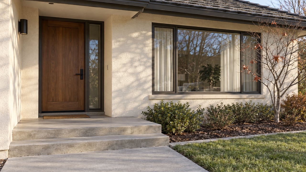 Winter morning light on an ivory stucco home's recessed walnut door, broad window and concrete front steps beside a bare Japanese maple.