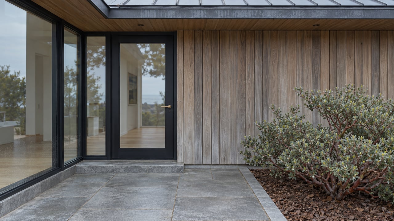 A glazed residential entry beneath a low roof, with weathered cedar panels, gray stone paving and a sculptural manzanita shrub.
