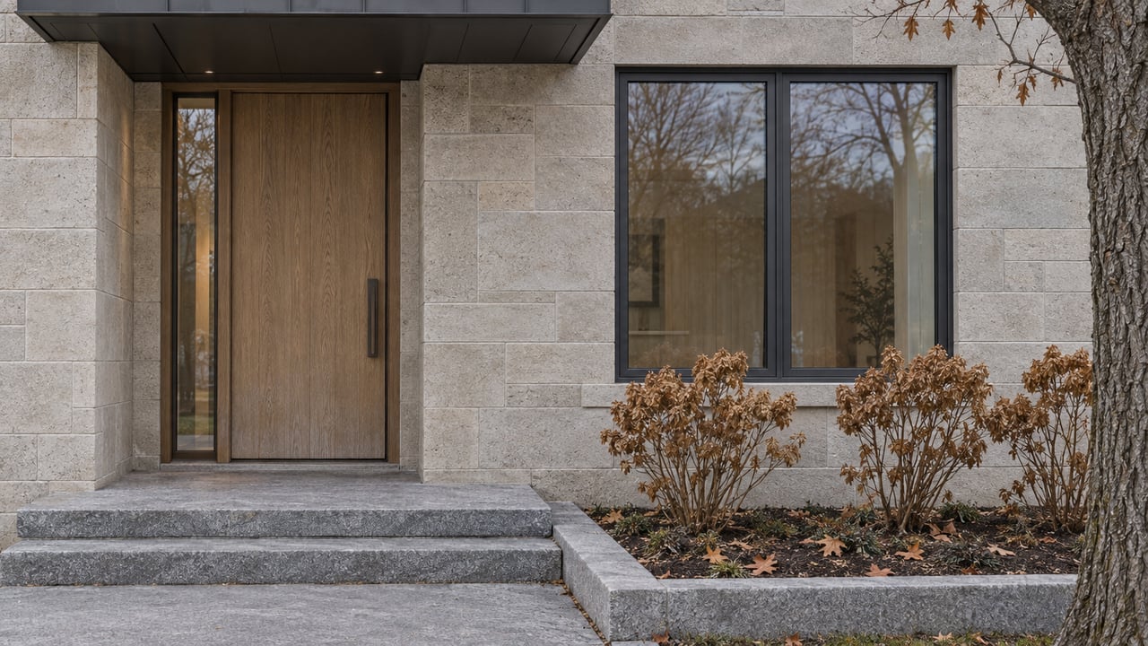 Limestone home entrance with an oak door, charcoal-framed window and broad granite steps beside dry oakleaf hydrangea flowers.