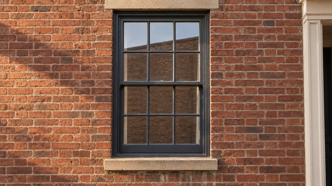 Tall six-over-six sash window in a weathered red brick wall, with a pale stone lintel and projecting sill.