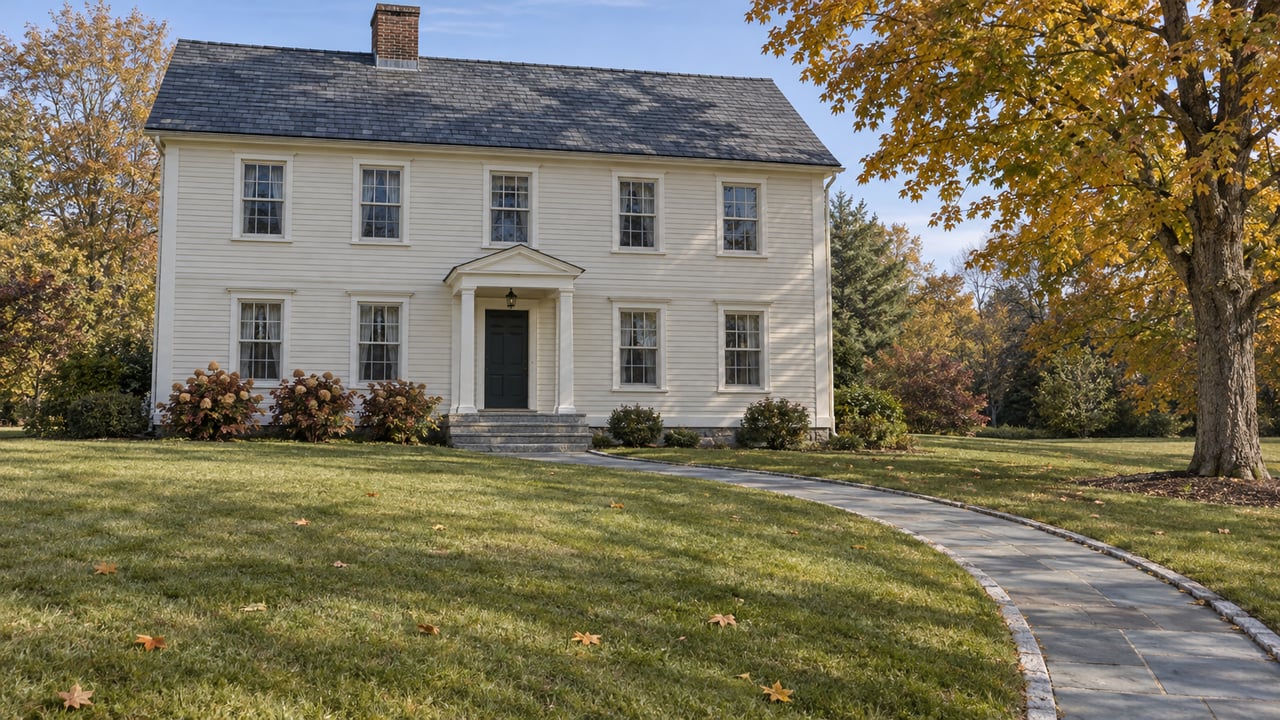 Cream clapboard house with slate roof, granite entry steps and a broad autumn lawn beside a mature maple.