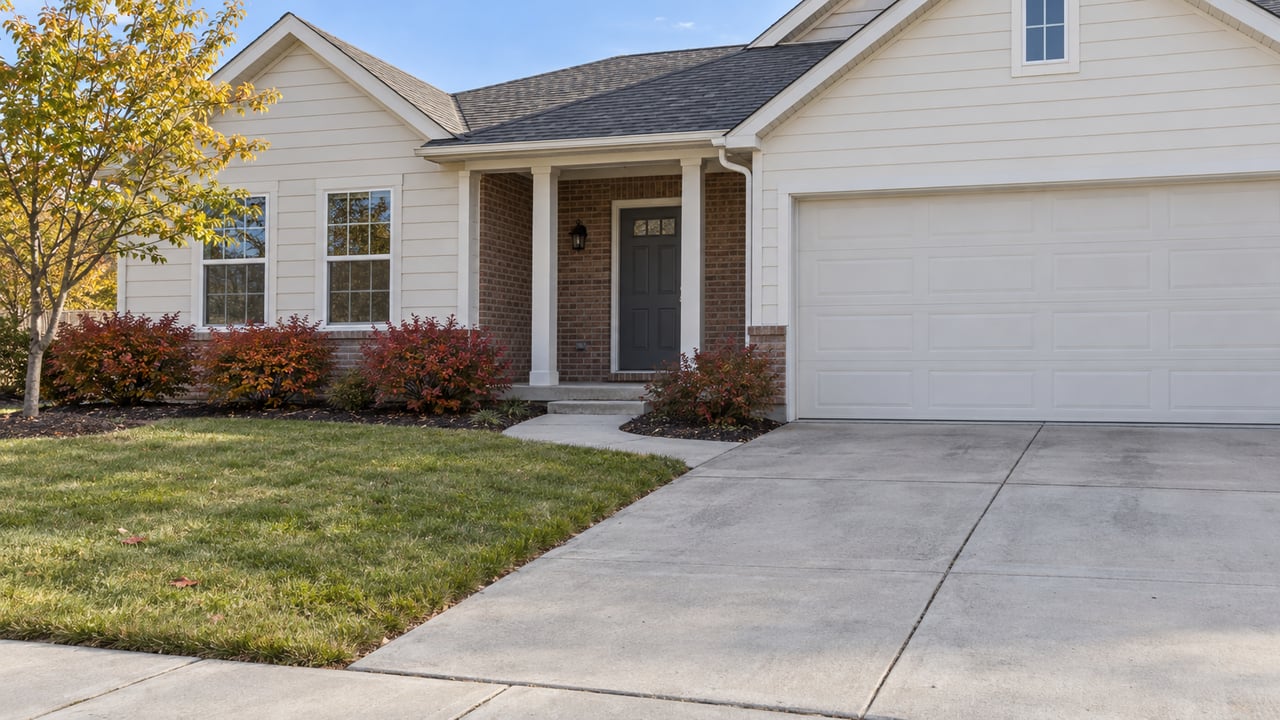 Light-sided suburban home with brick entry, two-car garage, broad concrete driveway and a small autumn redbud beside the front walk.