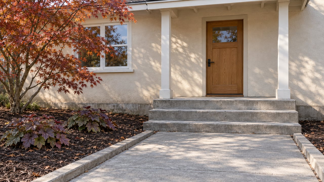 A cream-stucco bungalow entry with an oak door, concrete steps and a Japanese maple in an autumn front garden.