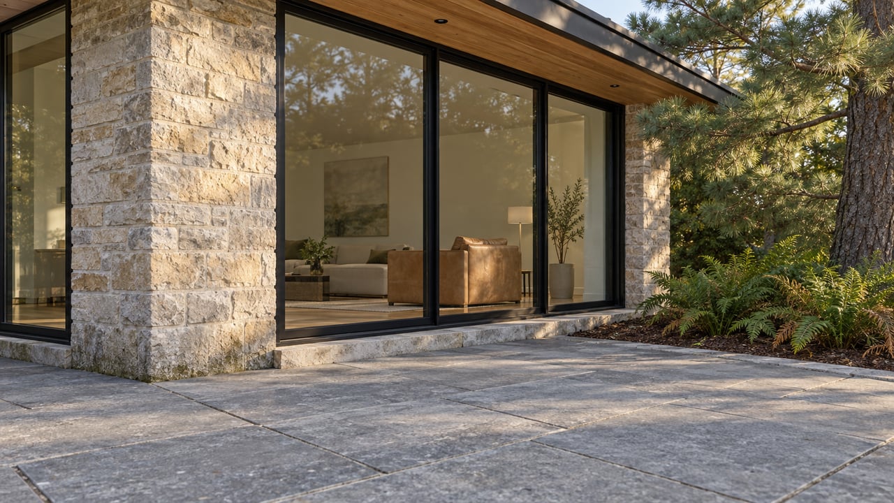 Low-angle view across a limestone patio toward a home's stone pier, black-framed windows and cedar soffit, with a leather chair visible inside.