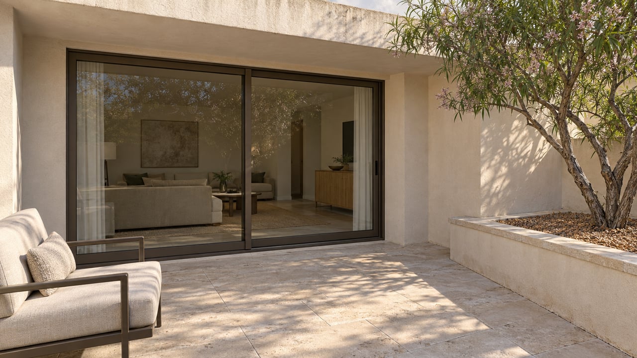Covered residential terrace with pale stucco walls, bronze-framed glass doors, limestone paving and a desert willow in a raised masonry bed.