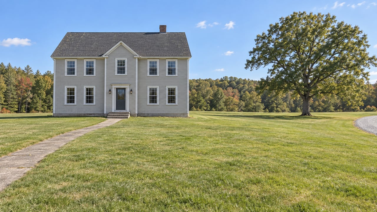 Pale gray two-story gabled house beyond a broad lawn, with a concrete approach and woodland in the distance.