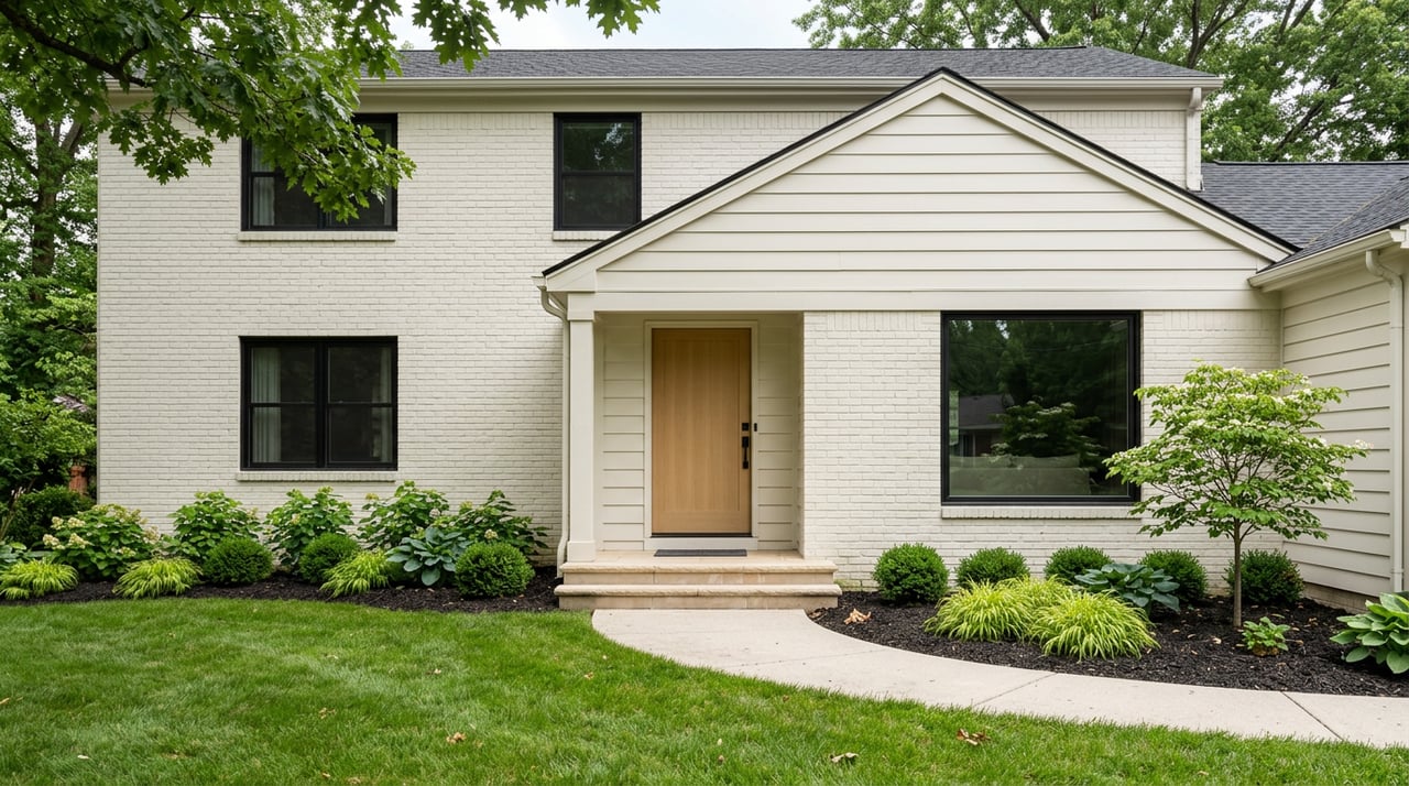 Two-story off-white brick home with a light-oak entry door, curved walk, lawn, and leafy canopy.