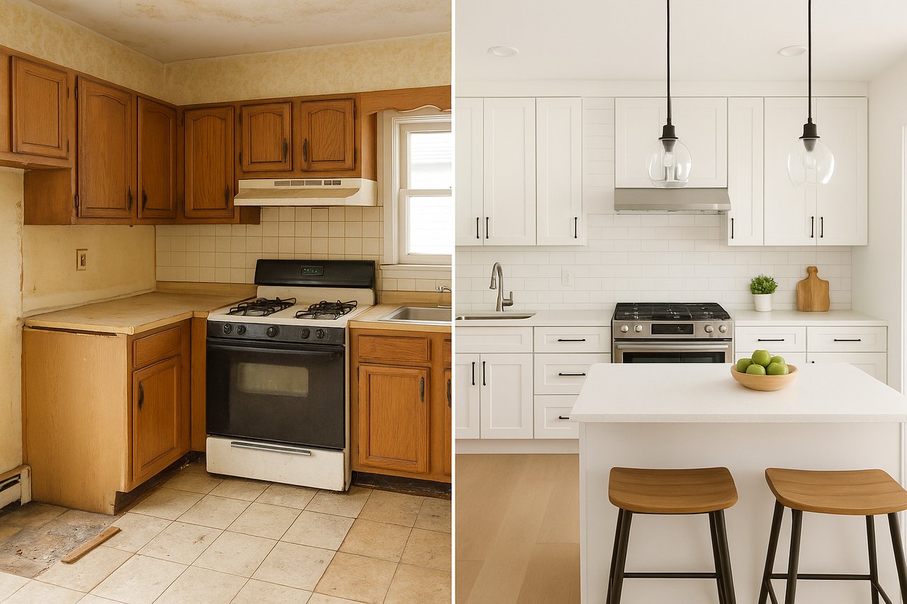 Side-by-side comparison of a fixer-upper kitchen under renovation and a finished move-in ready kitchen.