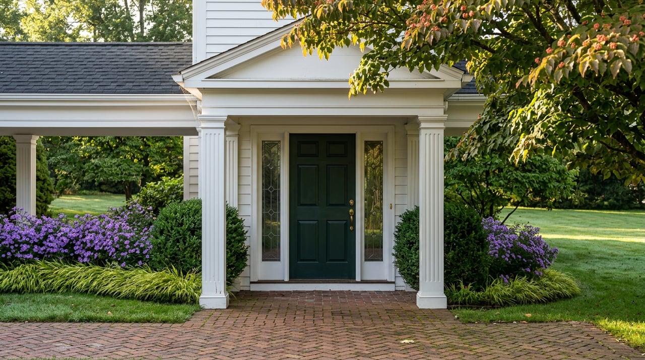 Formal white portico with a green paneled door, brick walk, purple asters, and a fruiting dogwood tree.