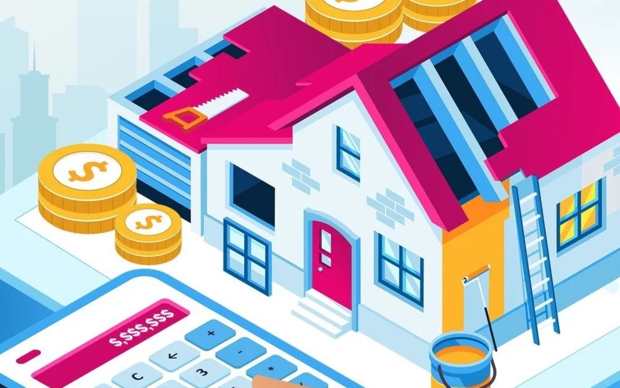Illustrated renovation project with a house, ladder, paint bucket, calculator, and dollar coins.
