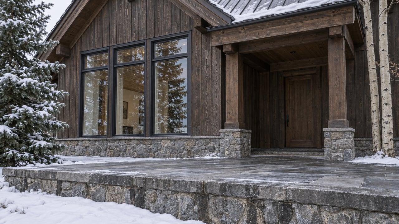 Dark timber home with tall enclosed windows, a stone terrace and snow beneath a steep gabled roof, framed by spruce and pale aspen trunks.