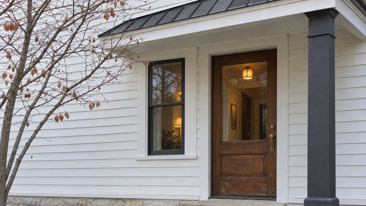 Renovated bungalow entrance with a glazed walnut door, worn brick steps, white siding, and bare branches.