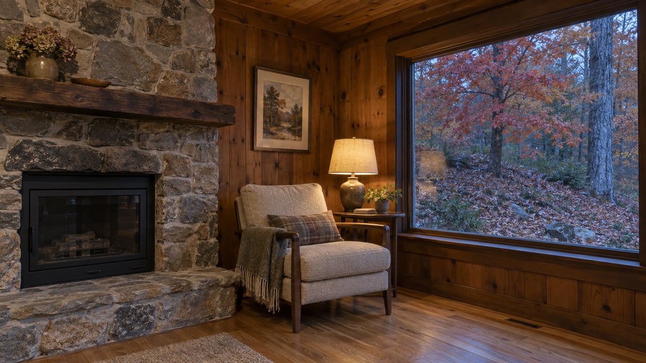 Timber living-room corner with a fieldstone fireplace, wool chair and warm table lamp beside a window overlooking autumn trees.