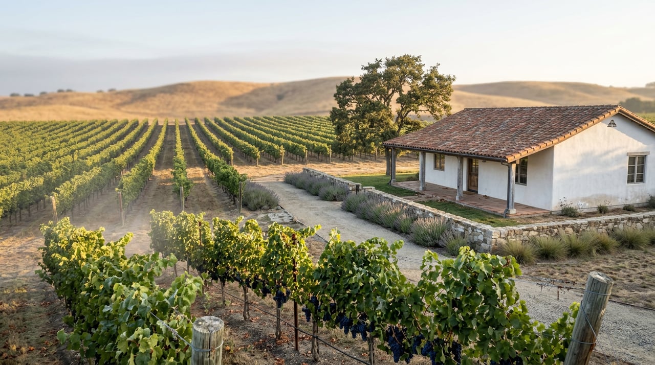Vine rows lead toward a white ranch house with a terracotta roof, fieldstone wall, and oak tree.