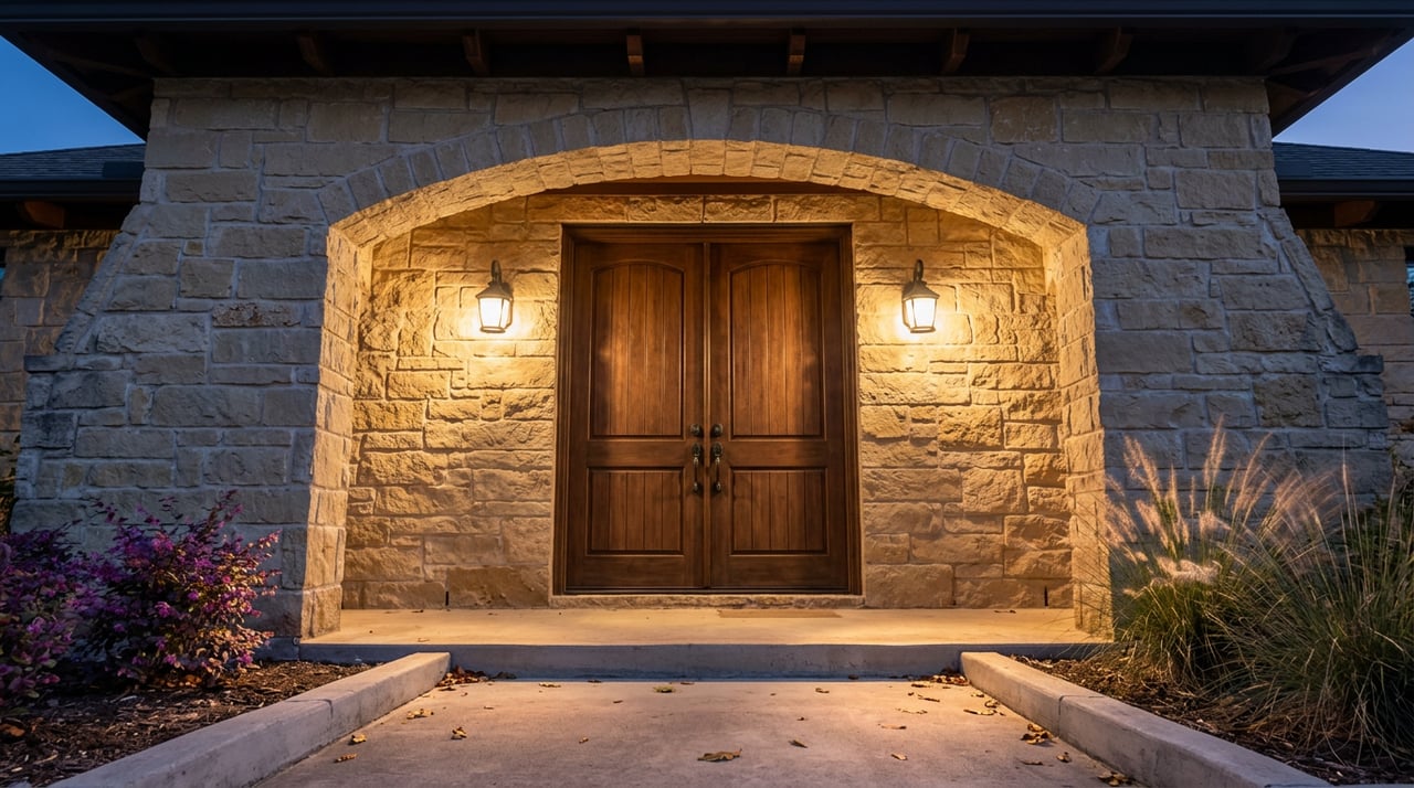 Limestone archway framing walnut double doors, flanked by glowing sconces and planting beds with ornamental grass.