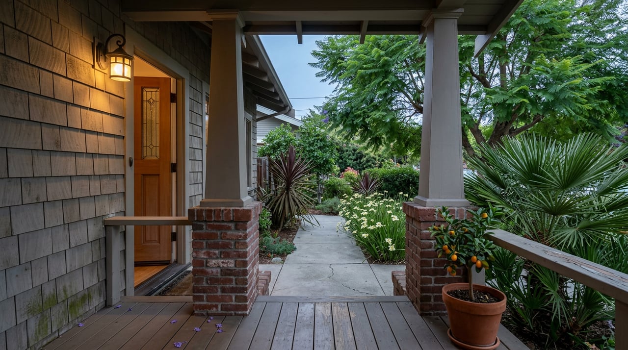 Bungalow porch frames a garden, with a glowing sconce, ajar leaded-glass door, and dusky sky.
