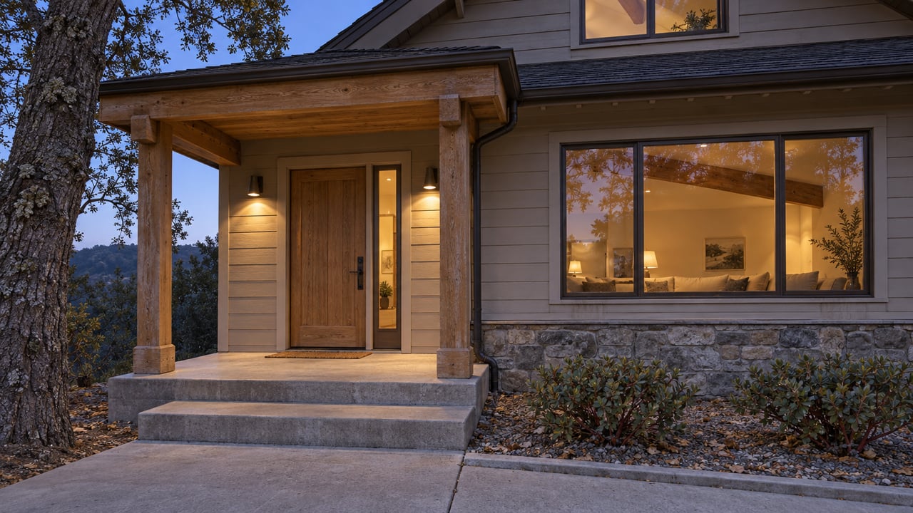 Timber house entry at blue hour with taupe siding, a covered concrete porch, warm sconces and an oak beside the approach.