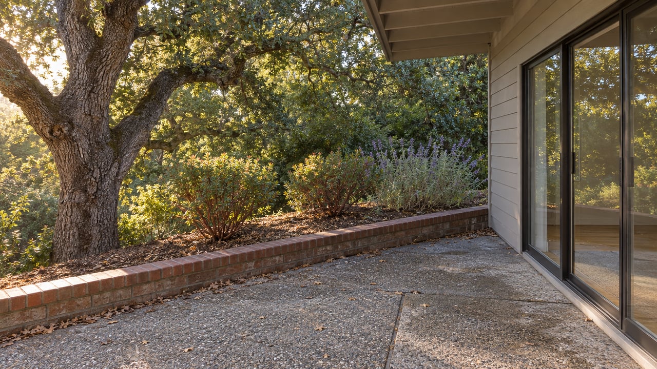 Rear patio beside glazed sliding doors, with a brick garden curb, mulched terrace, shrubs, and mature oak.