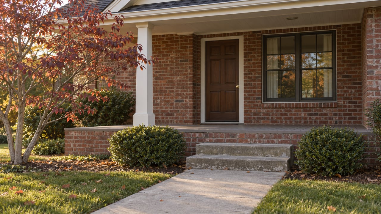 Brick-and-siding home with concrete porch steps, a paneled door, divided-light window, and burgundy autumn leaves.