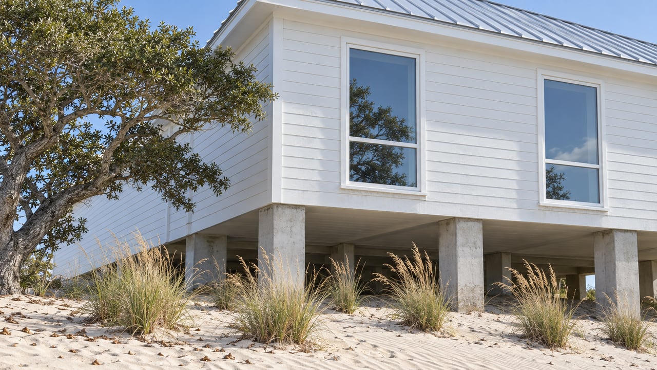 Raised white coastal home with tall windows and a pale metal roof above sandy ground, sea oats, and a wind-shaped sand live oak.