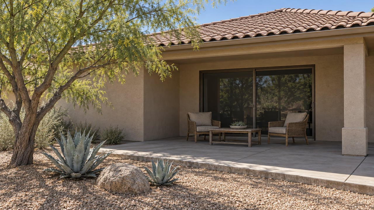 Tan stucco home with a tiled roof, shaded rear patio and two woven chairs beside a gravel garden with a palo verde tree and two agaves.