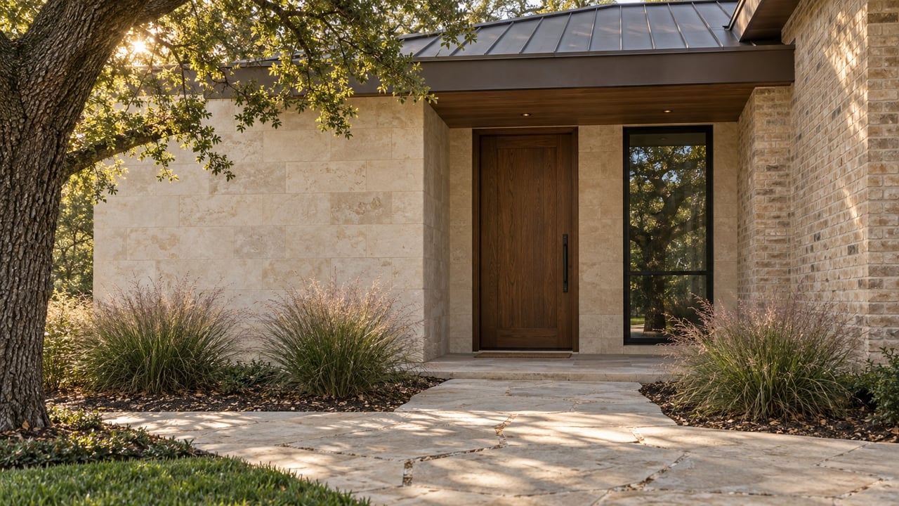 Detached home entry with limestone and brick walls, oak door, shaded walk, and live oak canopy.